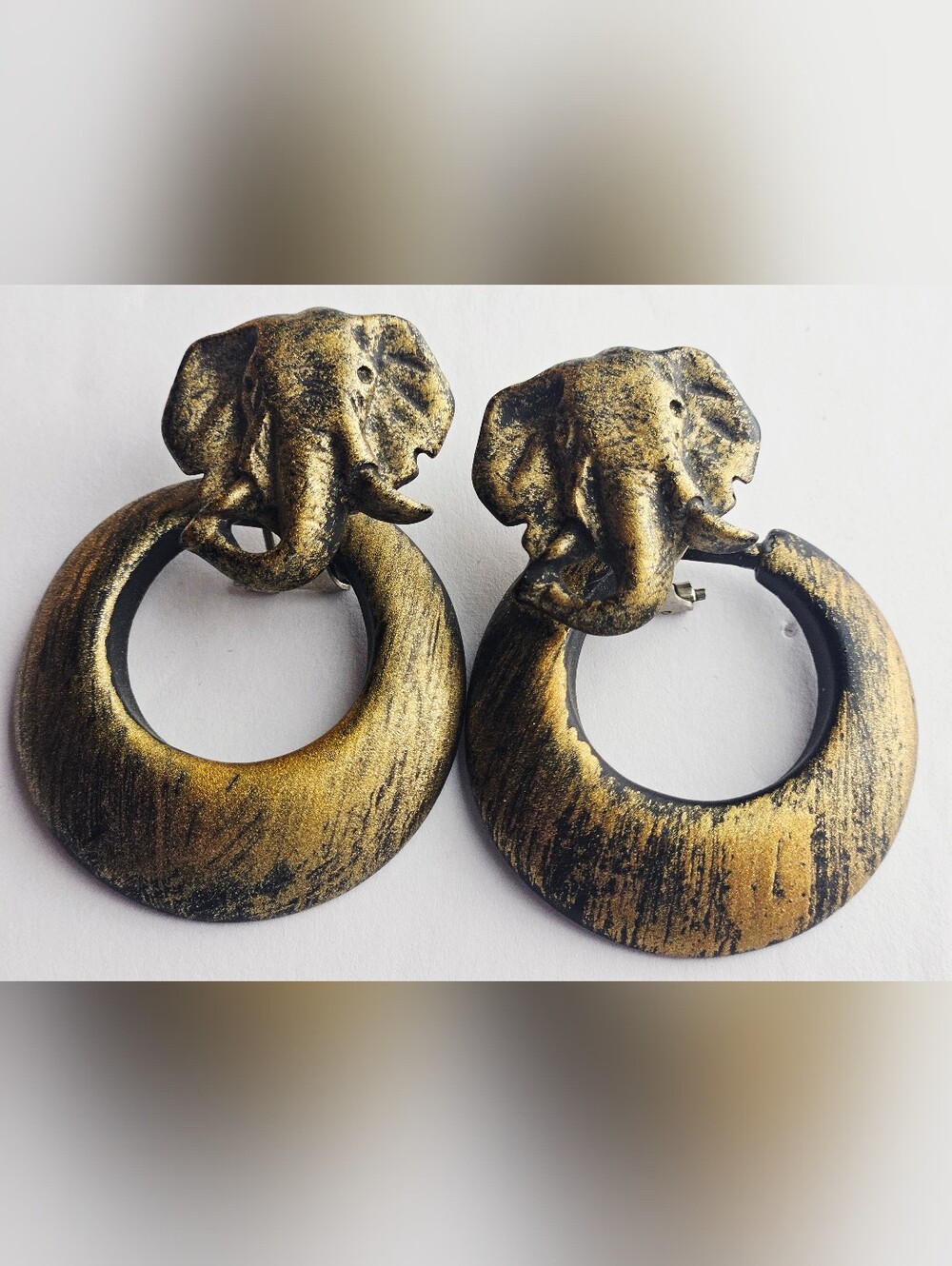 Vtg Elephant Door Knocker Earrings Pierced Post Snap Clip On Back Antique Gold